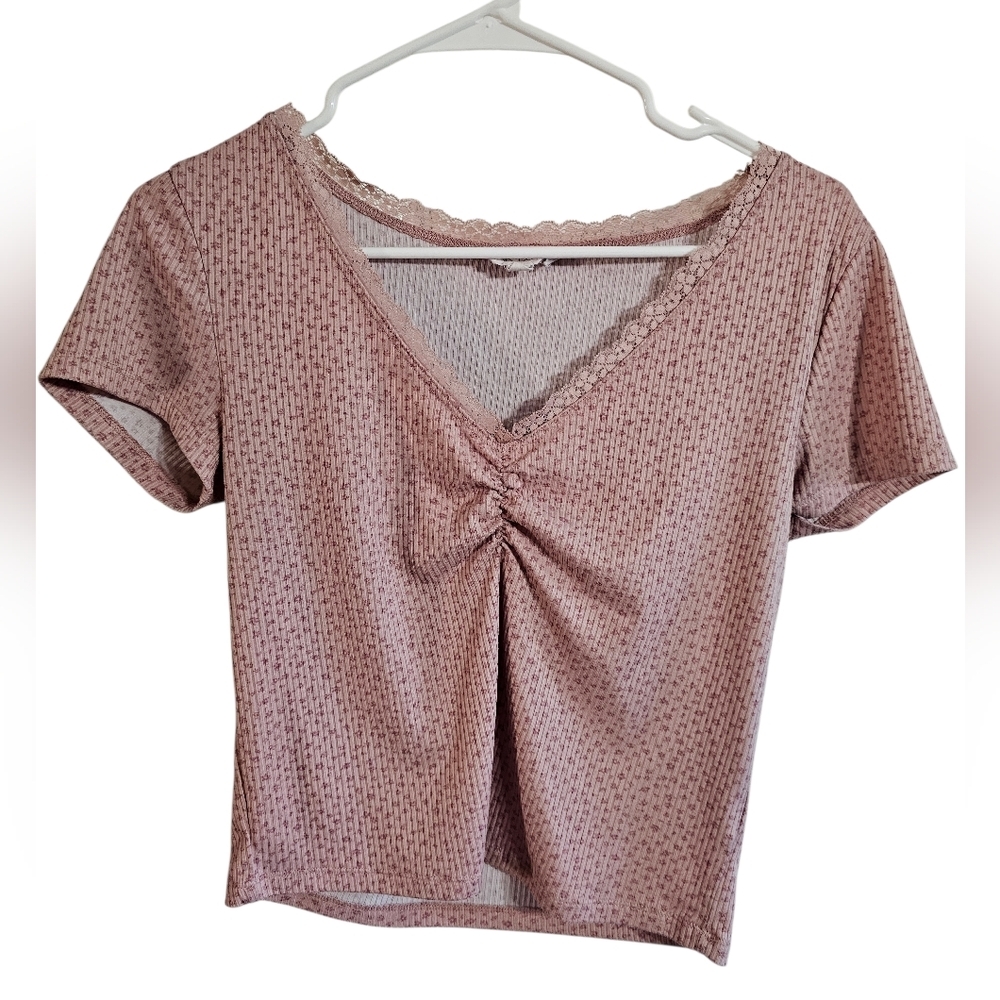 Pink Rose Ribbed Ruched Lace Trim V-Neck Top Y2K Soft Girl Stretch Tee Size L - Picture 2 of 7